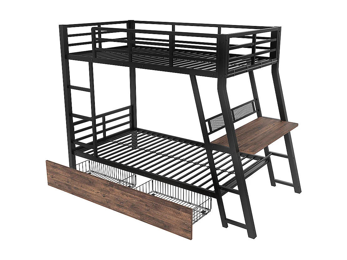 Lit superposé enfant 90x200 cm cadre en fer bande LED tiroirs garde-corps escalier bureau sans matelas noir