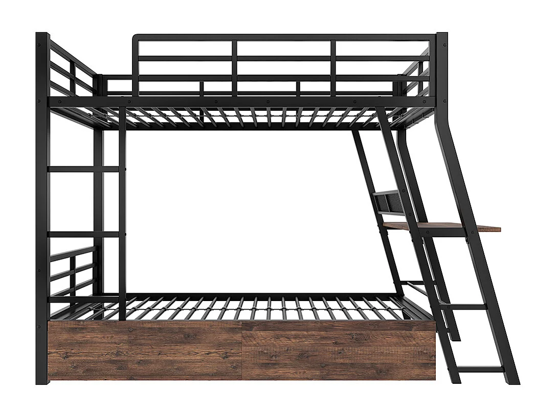 Lit superposé enfant 90x200 cm cadre en fer bande LED tiroirs garde-corps escalier bureau sans matelas noir