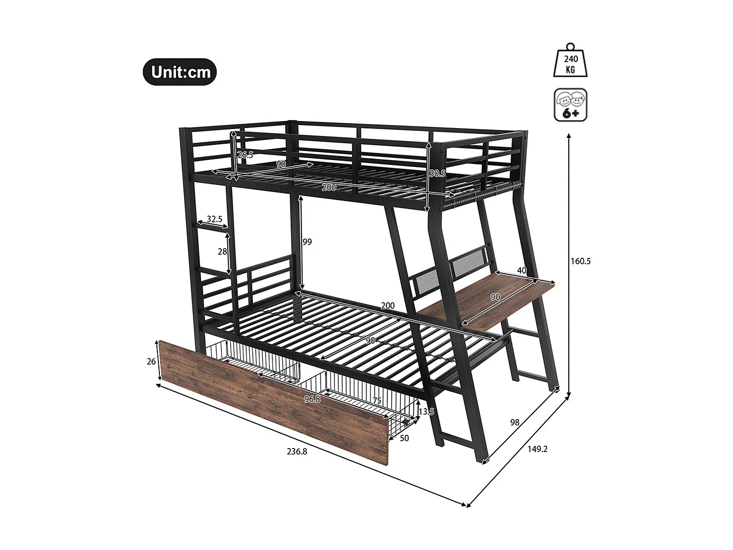 Lit superposé enfant 90x200 cm cadre en fer bande LED tiroirs garde-corps escalier bureau sans matelas noir