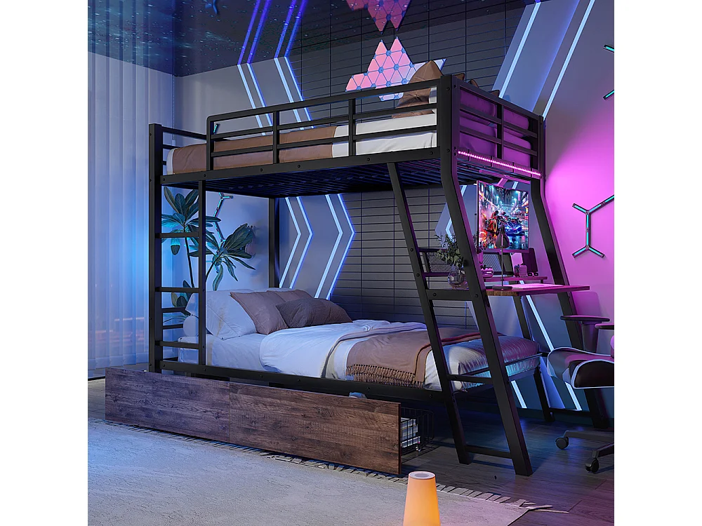 Lit superposé enfant 90x200 cm cadre en fer bande LED tiroirs garde-corps escalier bureau sans matelas noir