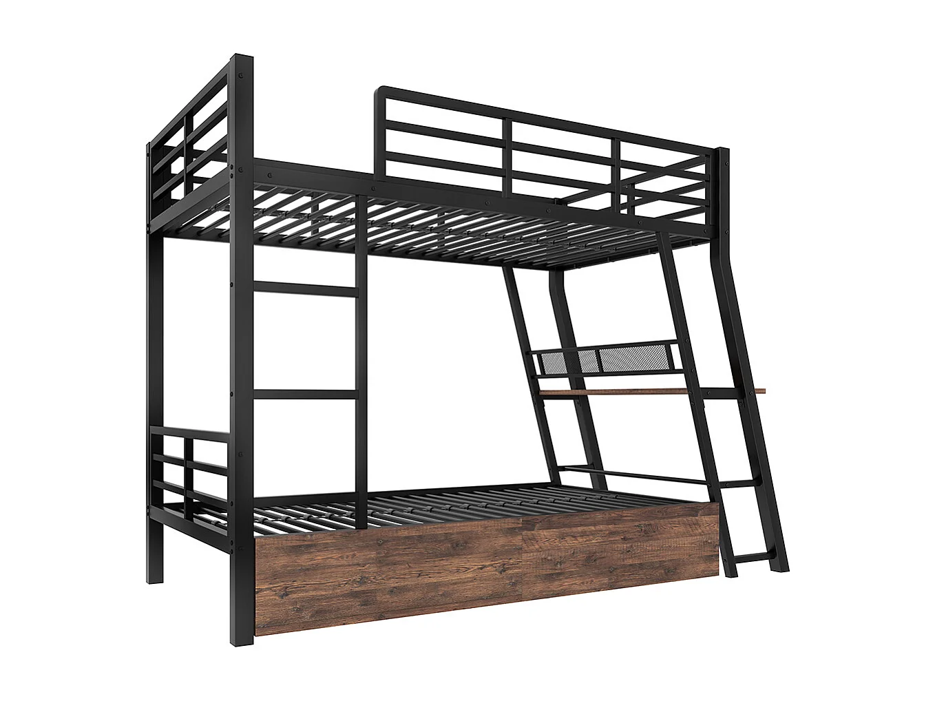 Lit superposé enfant 90x200 cm cadre en fer bande LED tiroirs garde-corps escalier bureau sans matelas noir