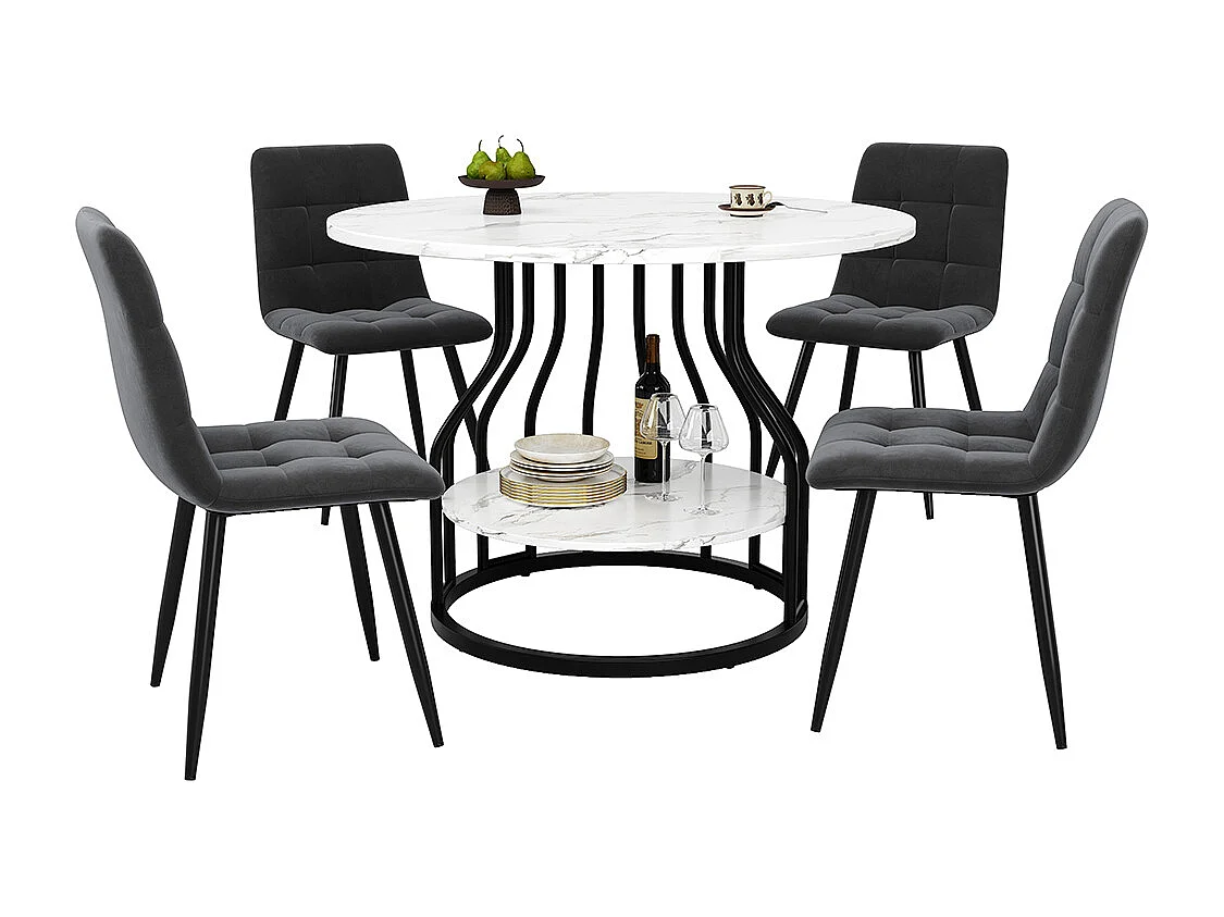 Ensemble table à manger 5 pièces 4 chaises moderne table ronde 80cm pieds noir plateau marbré chaises velours gris