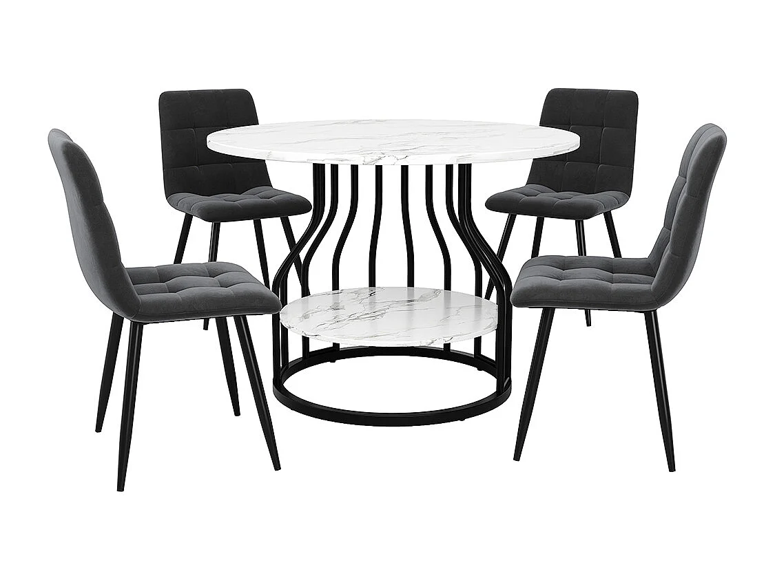 Ensemble table à manger 5 pièces 4 chaises moderne table ronde 80cm pieds noir plateau marbré chaises velours gris