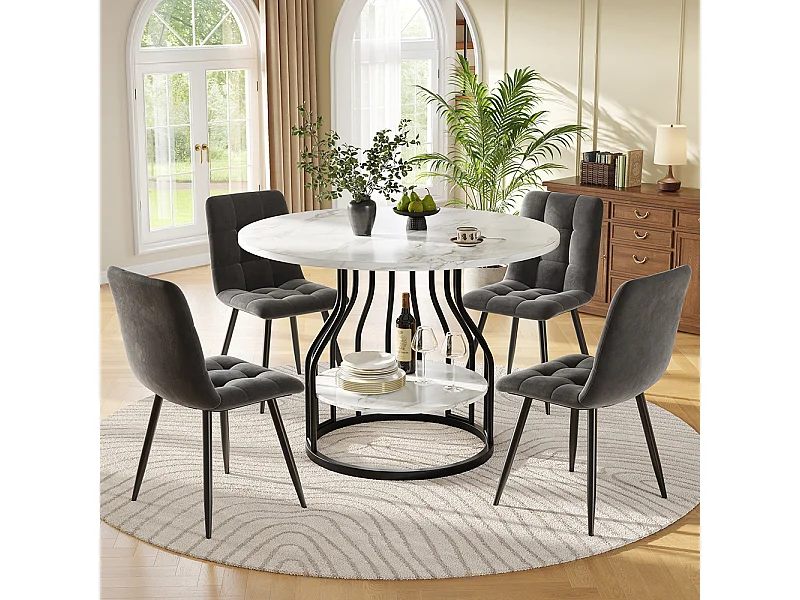 Ensemble table à manger 5 pièces 4 chaises moderne table ronde 80cm pieds noir plateau marbré chaises velours gris