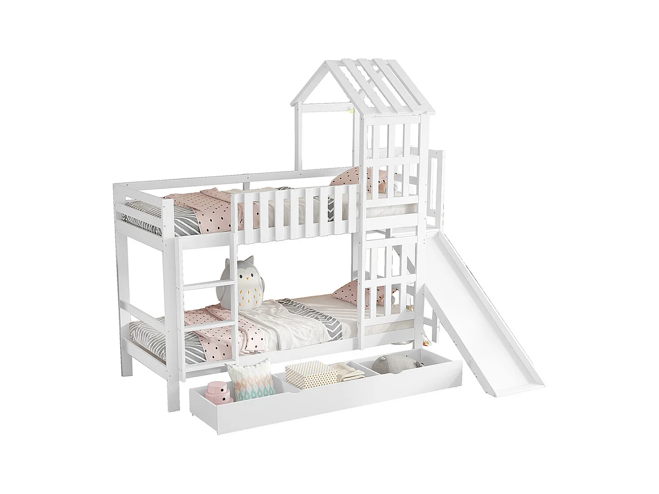 Lit superposé enfant 90x200 grand tiroir roulettes toboggan amusant toit fenêtre raffinés pin MDF contreplaqué blanc