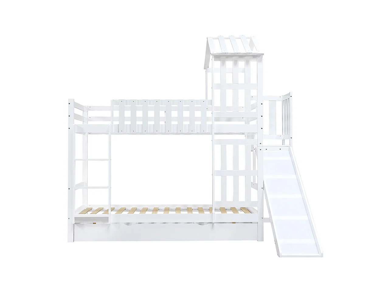 Lit superposé enfant 90x200 grand tiroir roulettes toboggan amusant toit fenêtre raffinés pin MDF contreplaqué blanc