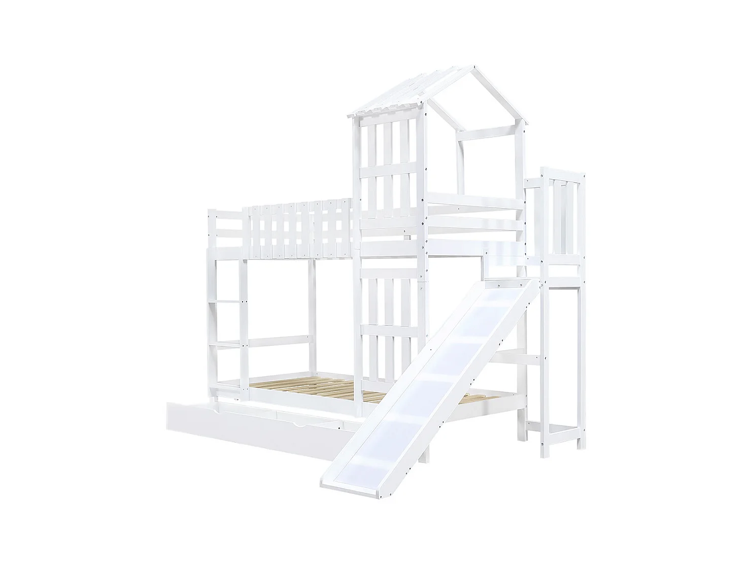 Lit superposé enfant 90x200 grand tiroir roulettes toboggan amusant toit fenêtre raffinés pin MDF contreplaqué blanc