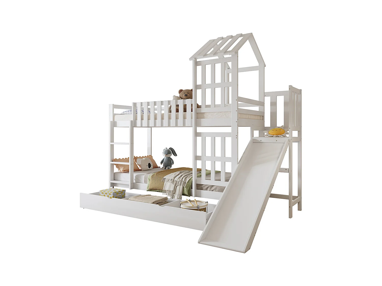 Lit superposé enfant 90x200 grand tiroir roulettes toboggan amusant toit fenêtre raffinés pin MDF contreplaqué blanc