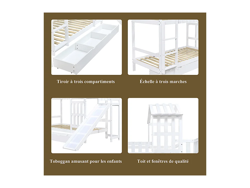 Lit superposé enfant 90x200 grand tiroir roulettes toboggan amusant toit fenêtre raffinés pin MDF contreplaqué blanc