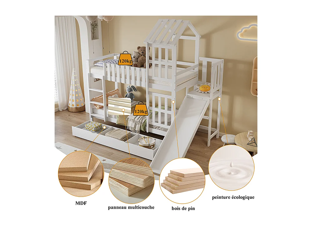 Lit superposé enfant 90x200 grand tiroir roulettes toboggan amusant toit fenêtre raffinés pin MDF contreplaqué blanc