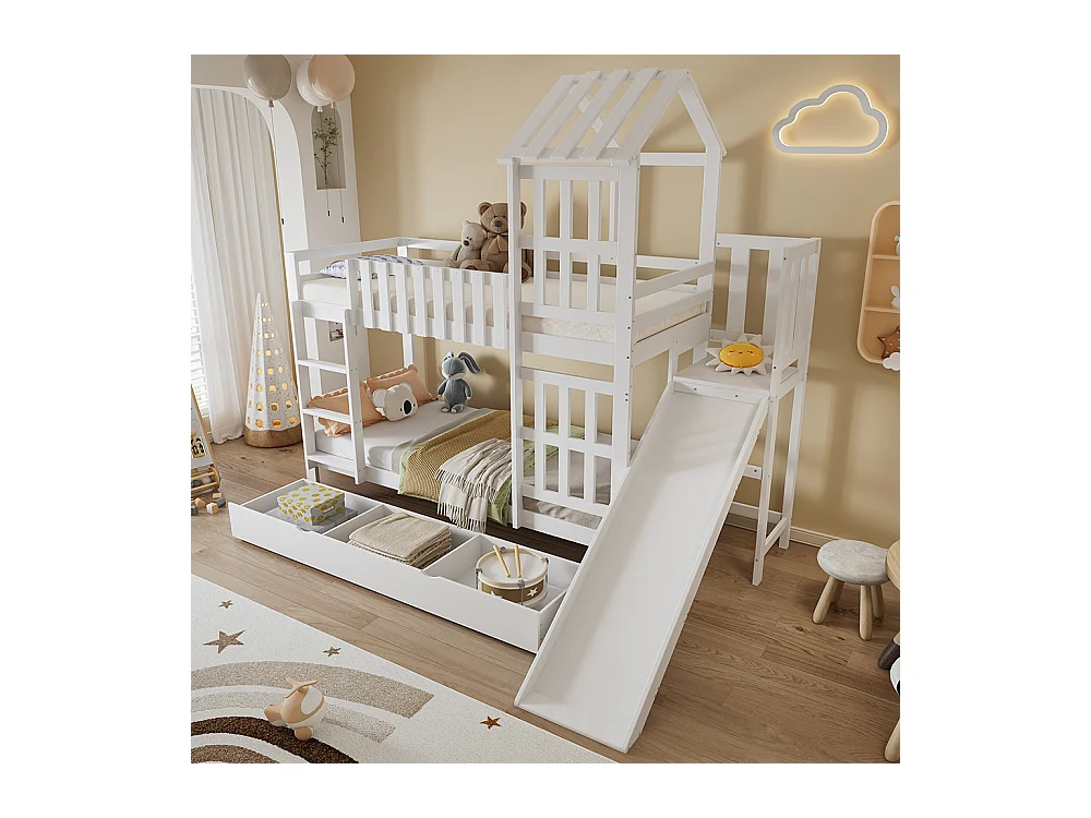 Lit superposé enfant 90x200 grand tiroir roulettes toboggan amusant toit fenêtre raffinés pin MDF contreplaqué blanc