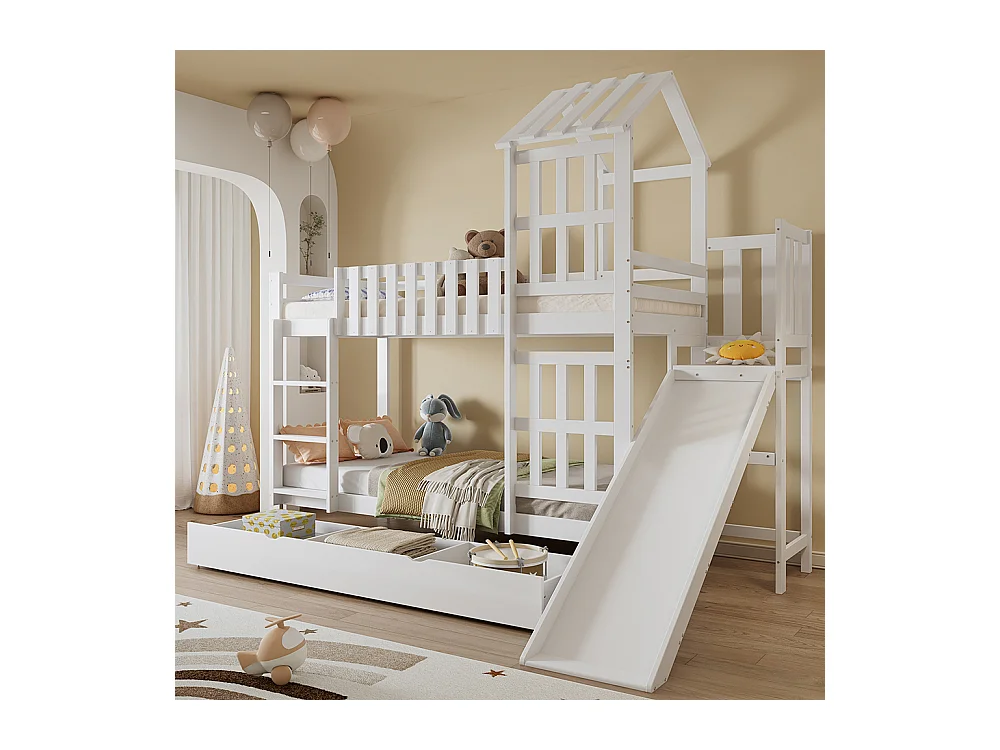 Lit superposé enfant 90x200 grand tiroir roulettes toboggan amusant toit fenêtre raffinés pin MDF contreplaqué blanc