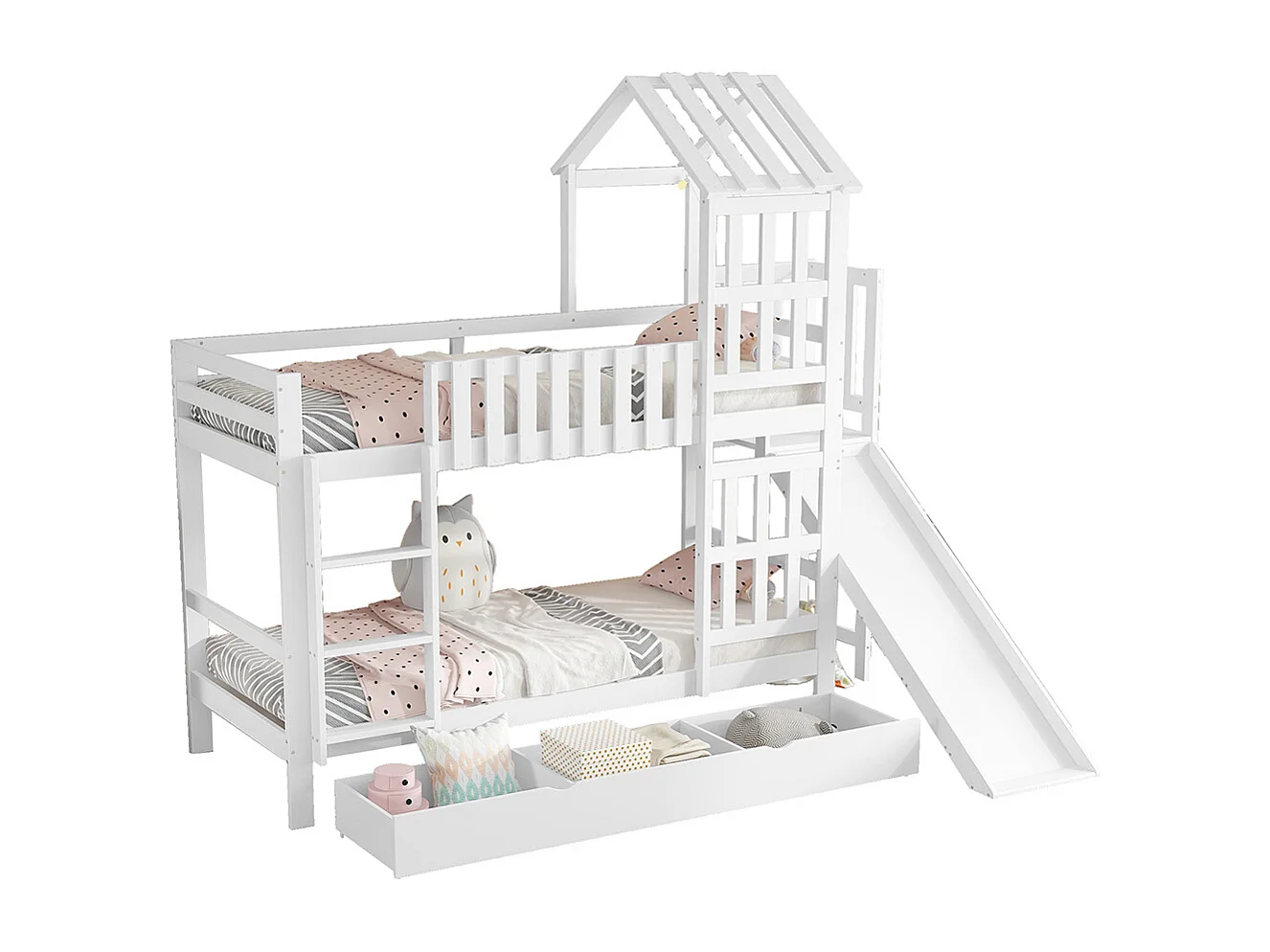 Lit superposé enfant 90x200 grand tiroir roulettes toboggan amusant toit fenêtre raffinés pin MDF contreplaqué blanc