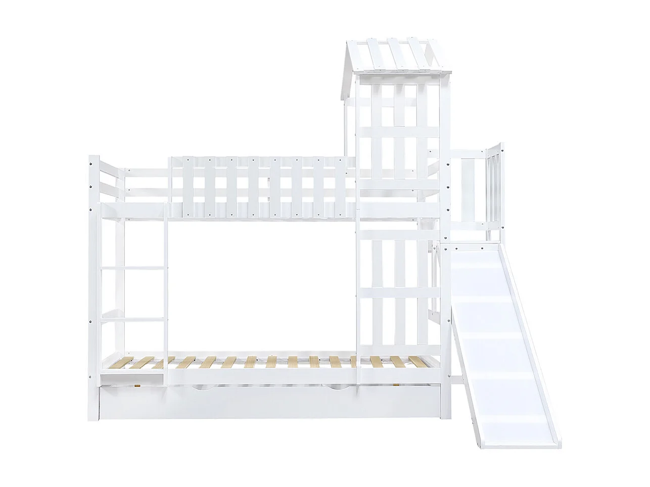 Lit superposé enfant 90x200 grand tiroir roulettes toboggan amusant toit fenêtre raffinés pin MDF contreplaqué blanc