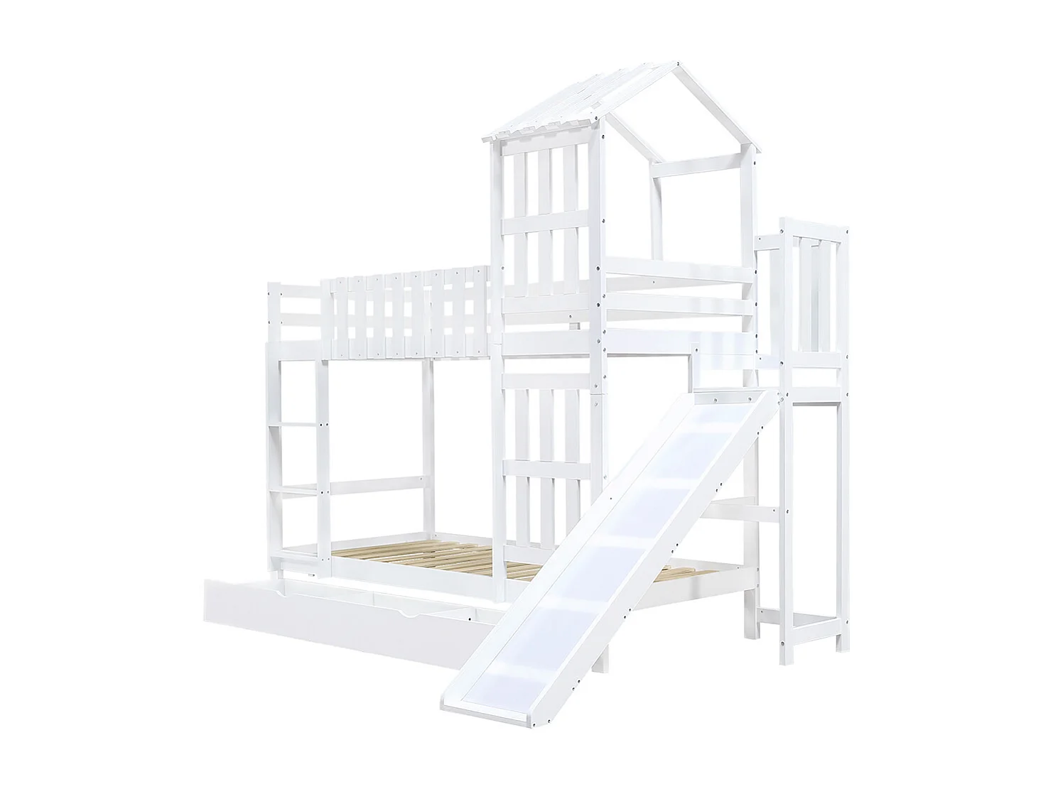 Lit superposé enfant 90x200 grand tiroir roulettes toboggan amusant toit fenêtre raffinés pin MDF contreplaqué blanc