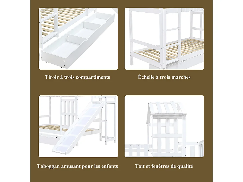 Lit superposé enfant 90x200 grand tiroir roulettes toboggan amusant toit fenêtre raffinés pin MDF contreplaqué blanc