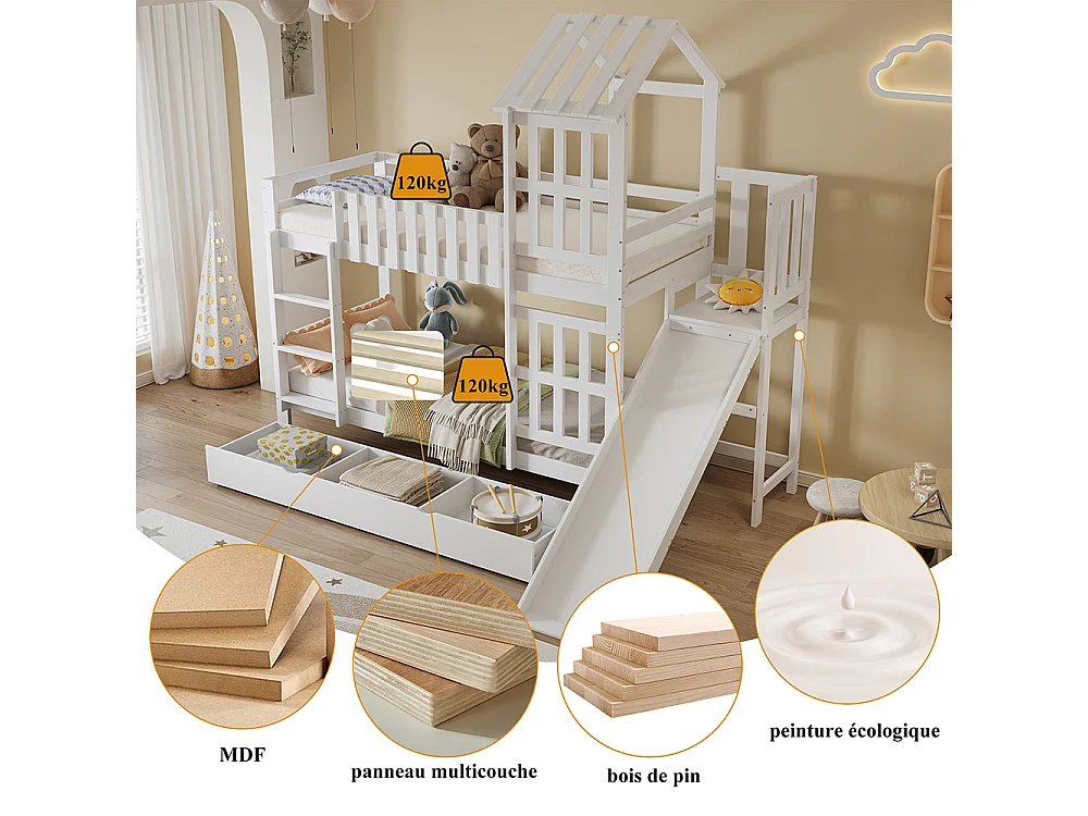 Lit superposé enfant 90x200 grand tiroir roulettes toboggan amusant toit fenêtre raffinés pin MDF contreplaqué blanc