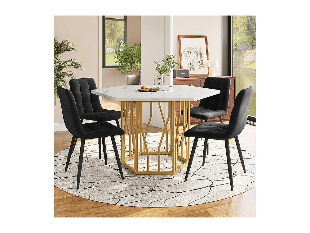 Ensemble table chaises 5 pièces table hexagonale marbre moderne 4 chaises velours noir pieds dorés