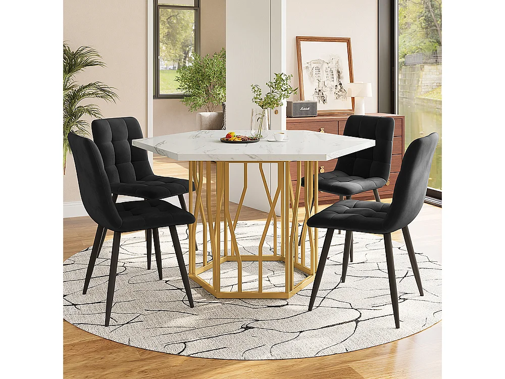Ensemble table chaises 5 pièces table hexagonale marbre moderne 4 chaises velours noir pieds dorés
