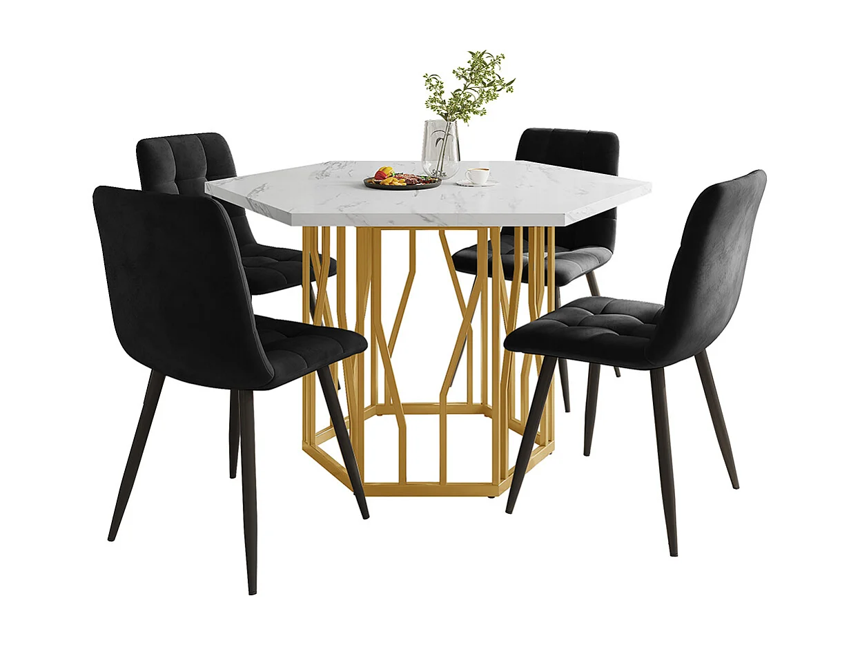 Ensemble table chaises 5 pièces table hexagonale marbre moderne 4 chaises velours noir pieds dorés