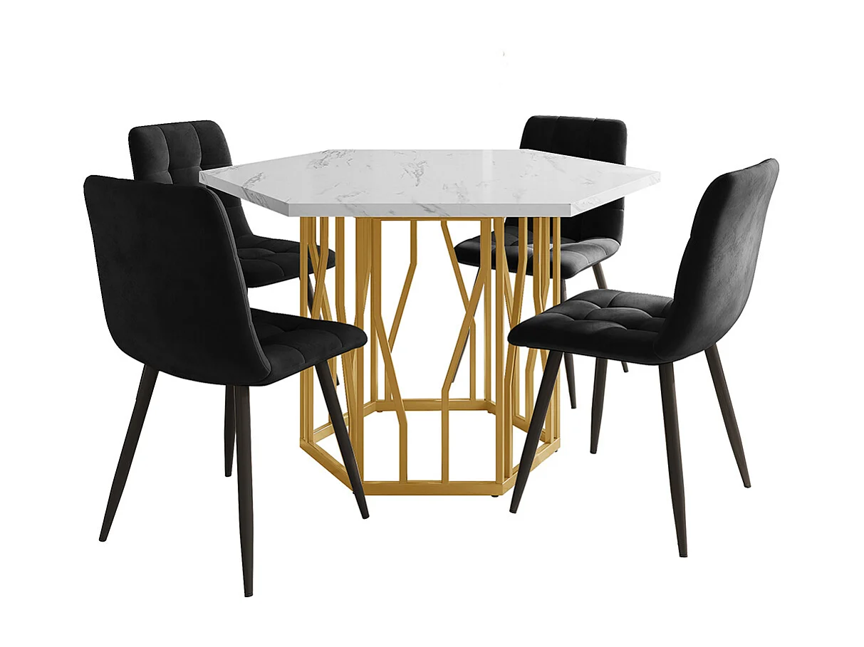 Ensemble table chaises 5 pièces table hexagonale marbre moderne 4 chaises velours noir pieds dorés