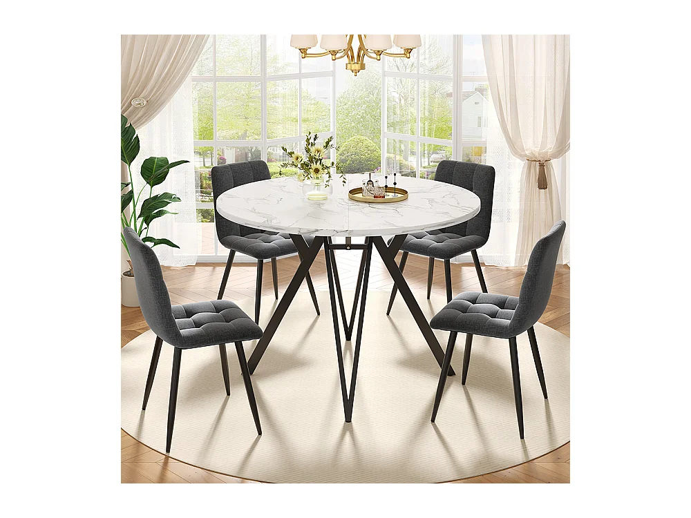 Ensemble table à manger 5 pièces 4 chaises moderne table ronde 100cm pieds noir plateau marbré chaises velours gris