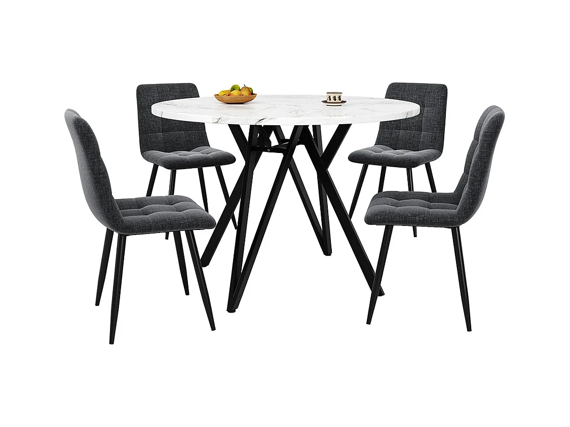 Ensemble table à manger 5 pièces 4 chaises moderne table ronde 100cm pieds noir plateau marbré chaises velours gris