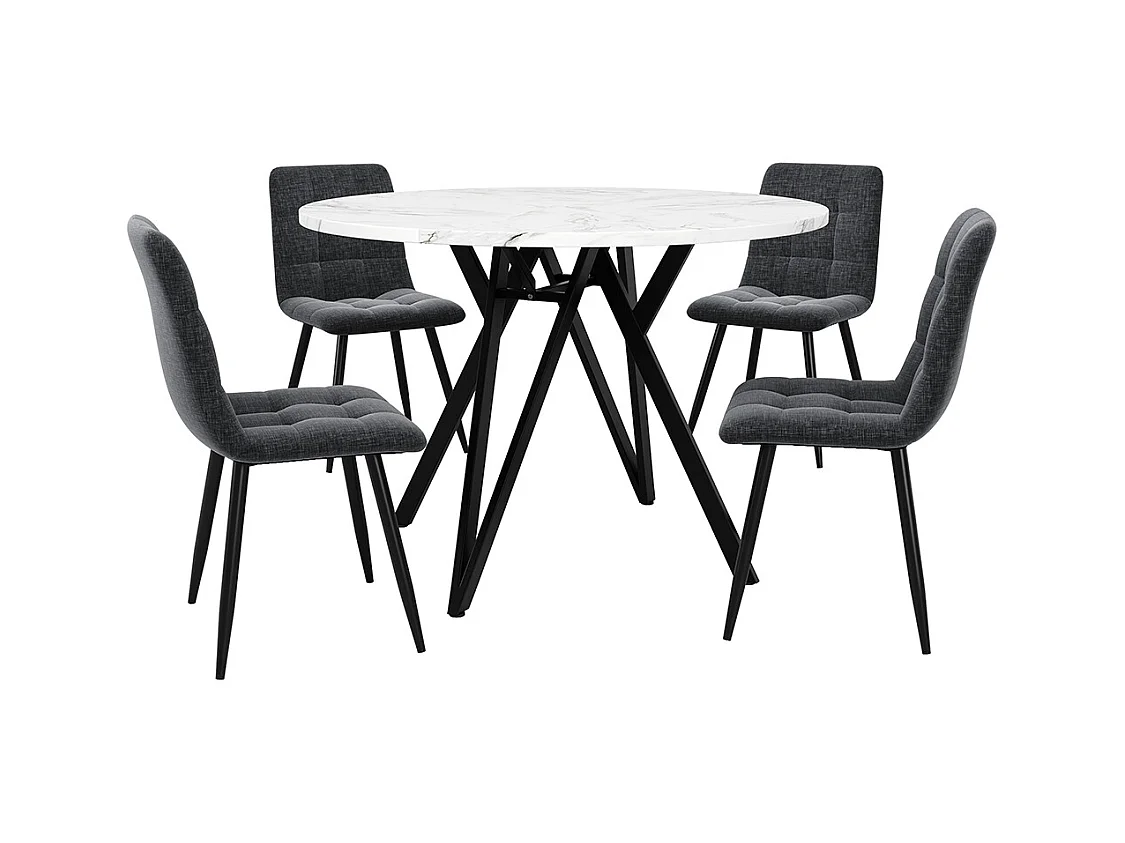 Ensemble table à manger 5 pièces 4 chaises moderne table ronde 100cm pieds noir plateau marbré chaises velours gris