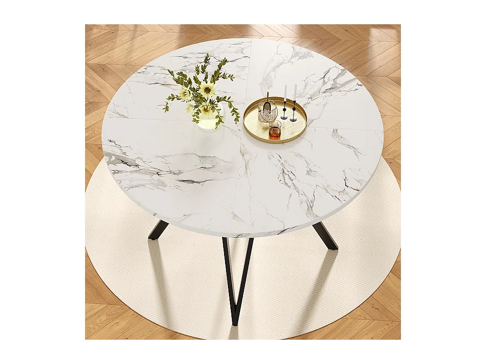 Ensemble table à manger 5 pièces 4 chaises moderne table ronde 100cm pieds noir plateau marbré chaises velours gris