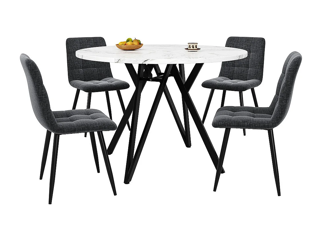 Ensemble table à manger 5 pièces 4 chaises moderne table ronde 100cm pieds noir plateau marbré chaises velours gris