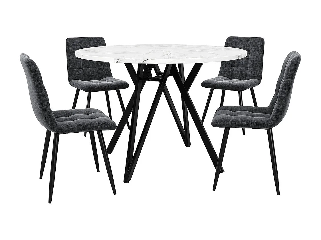 Ensemble table à manger 5 pièces 4 chaises moderne table ronde 100cm pieds noir plateau marbré chaises velours gris