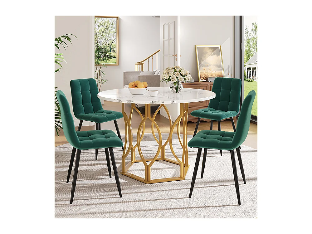 Ensemble table à manger 5 pièces 4 chaises table ronde 100cm pieds dorés plateau blanc chaises velours vert foncé
