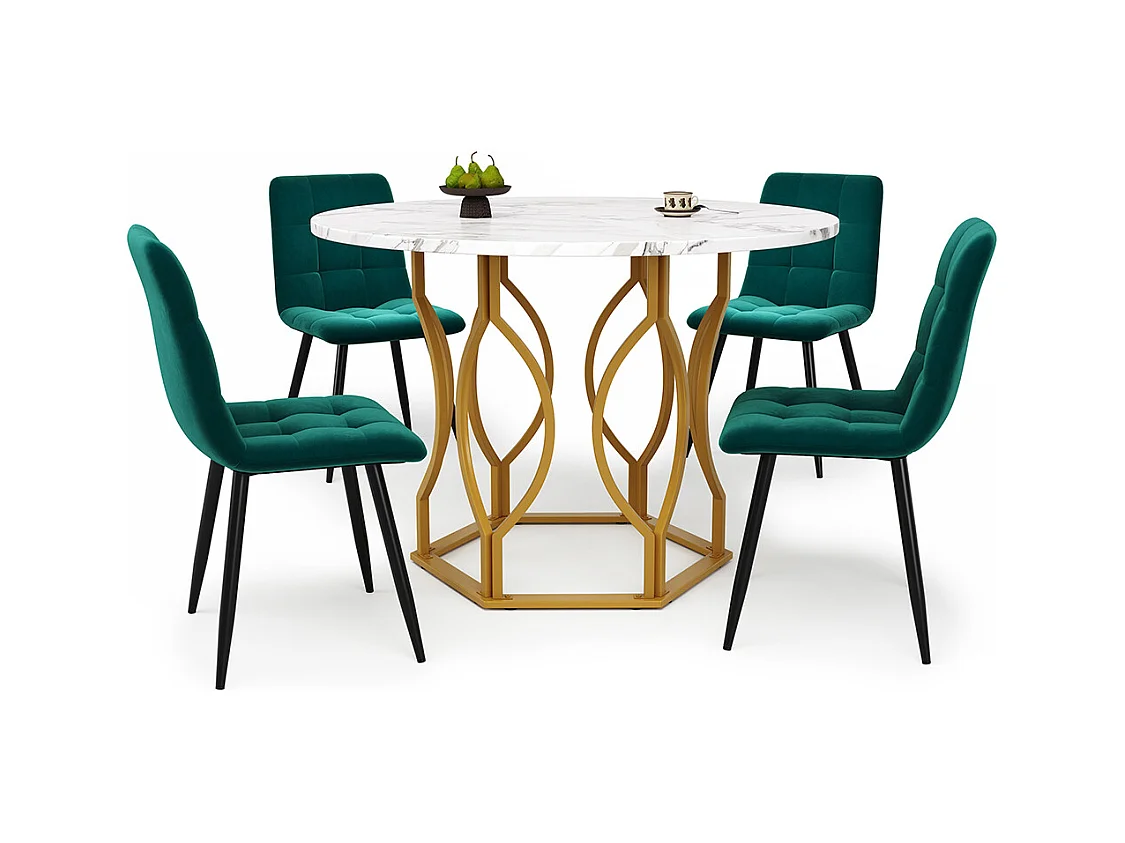 Ensemble table à manger 5 pièces 4 chaises table ronde 100cm pieds dorés plateau blanc chaises velours vert foncé