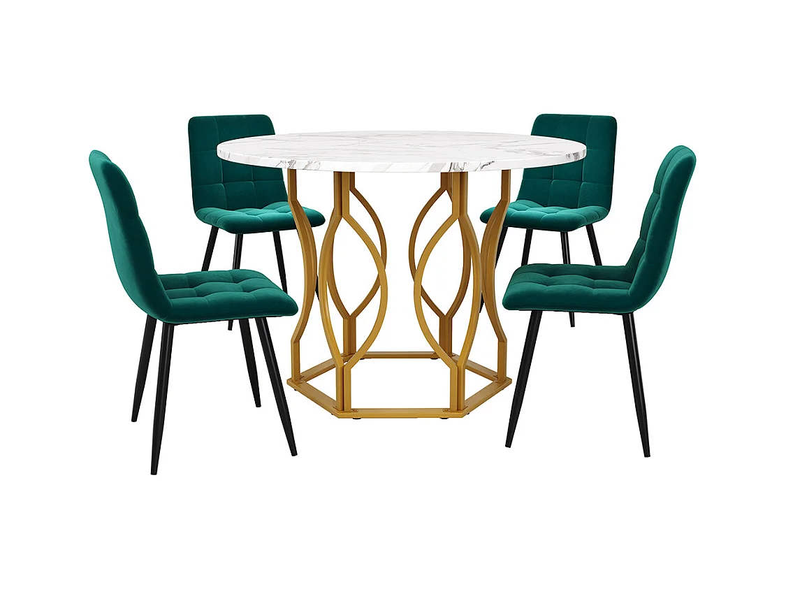 Ensemble table à manger 5 pièces 4 chaises table ronde 100cm pieds dorés plateau blanc chaises velours vert foncé
