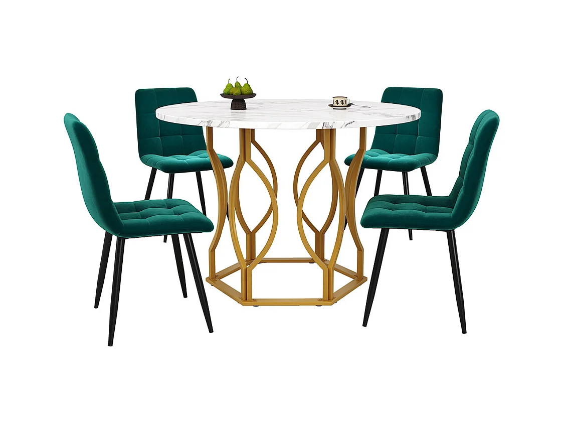 Ensemble table à manger 5 pièces 4 chaises table ronde 100cm pieds dorés plateau blanc chaises velours vert foncé