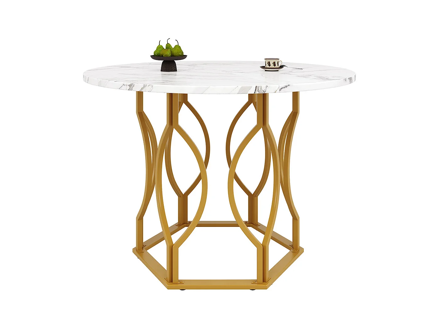 Ensemble table à manger 5 pièces 4 chaises table ronde 100cm pieds dorés plateau blanc chaises velours vert foncé