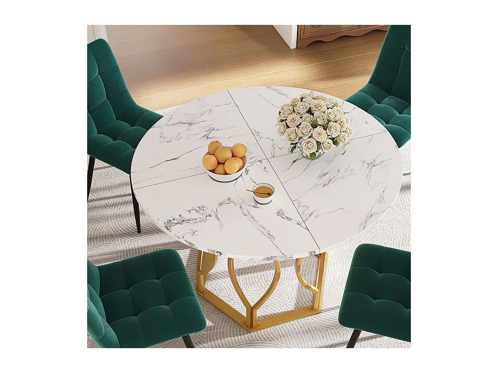 Ensemble table à manger 5 pièces 4 chaises table ronde 100cm pieds dorés plateau blanc chaises velours vert foncé