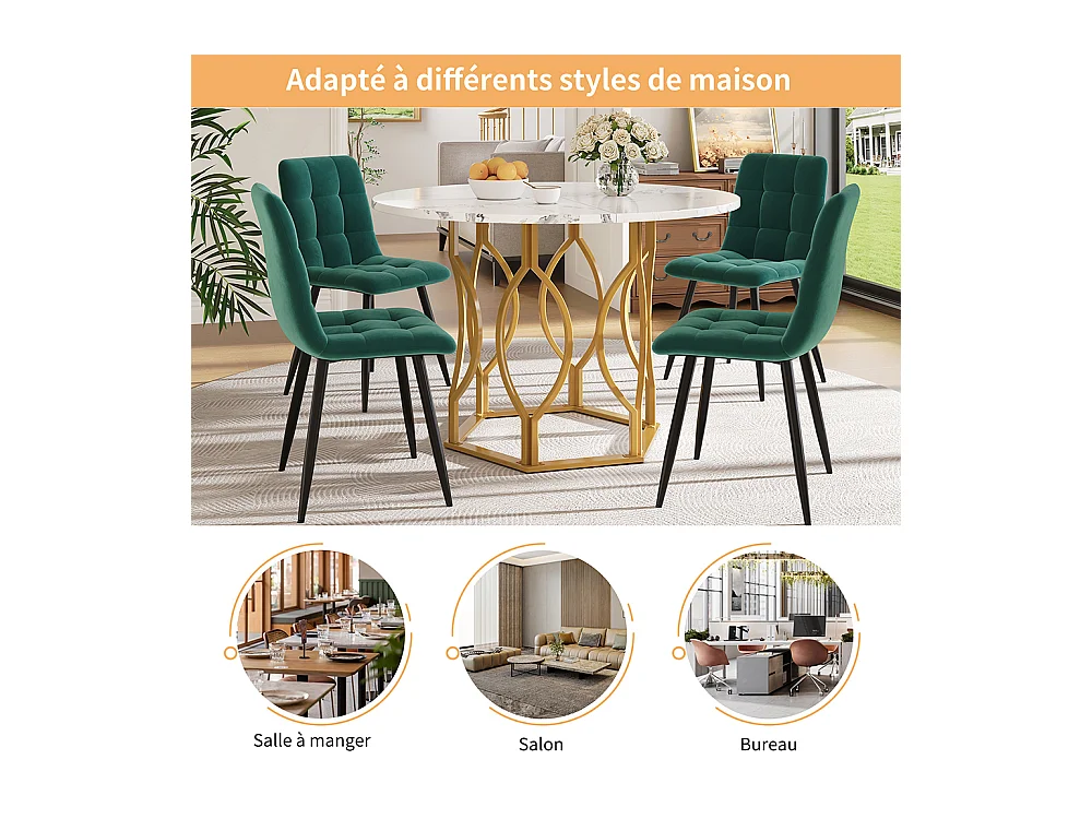 Ensemble table à manger 5 pièces 4 chaises table ronde 100cm pieds dorés plateau blanc chaises velours vert foncé