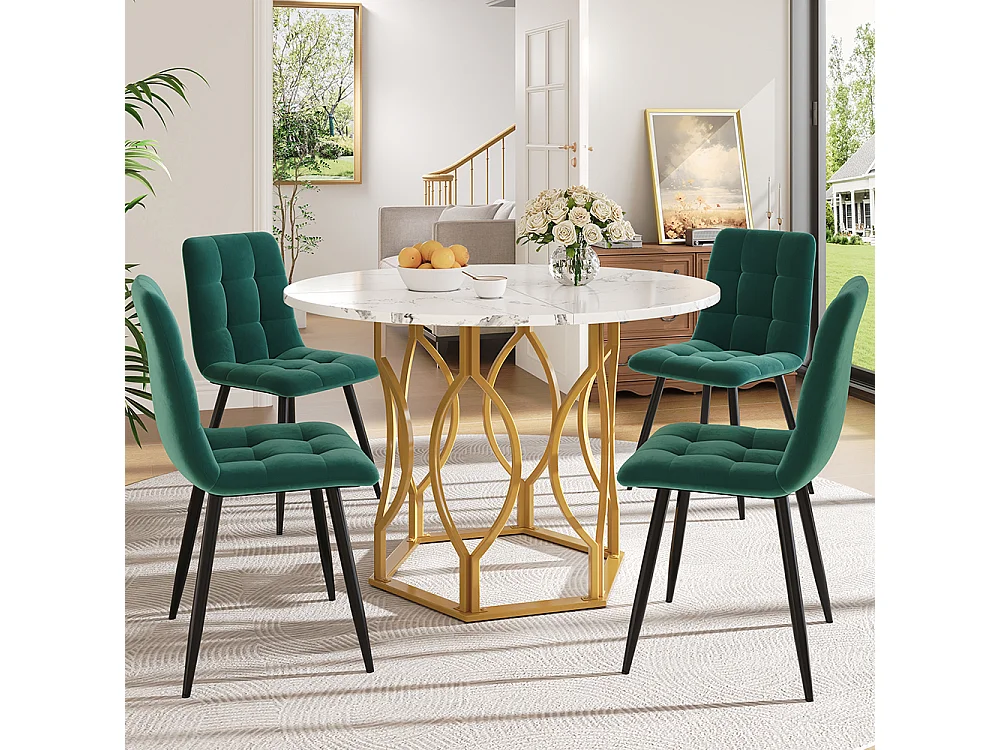 Ensemble table à manger 5 pièces 4 chaises table ronde 100cm pieds dorés plateau blanc chaises velours vert foncé