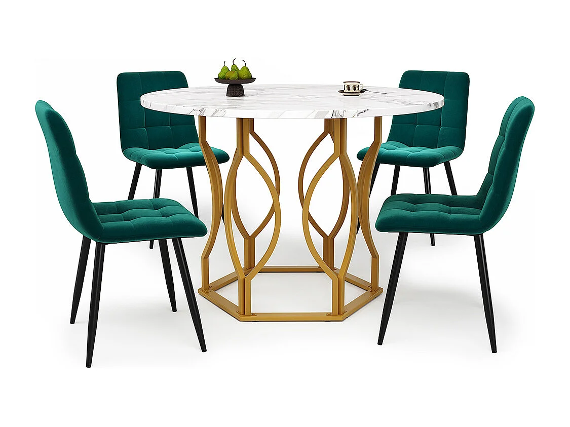 Ensemble table à manger 5 pièces 4 chaises table ronde 100cm pieds dorés plateau blanc chaises velours vert foncé