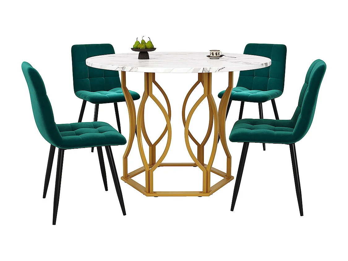 Ensemble table à manger 5 pièces 4 chaises table ronde 100cm pieds dorés plateau blanc chaises velours vert foncé