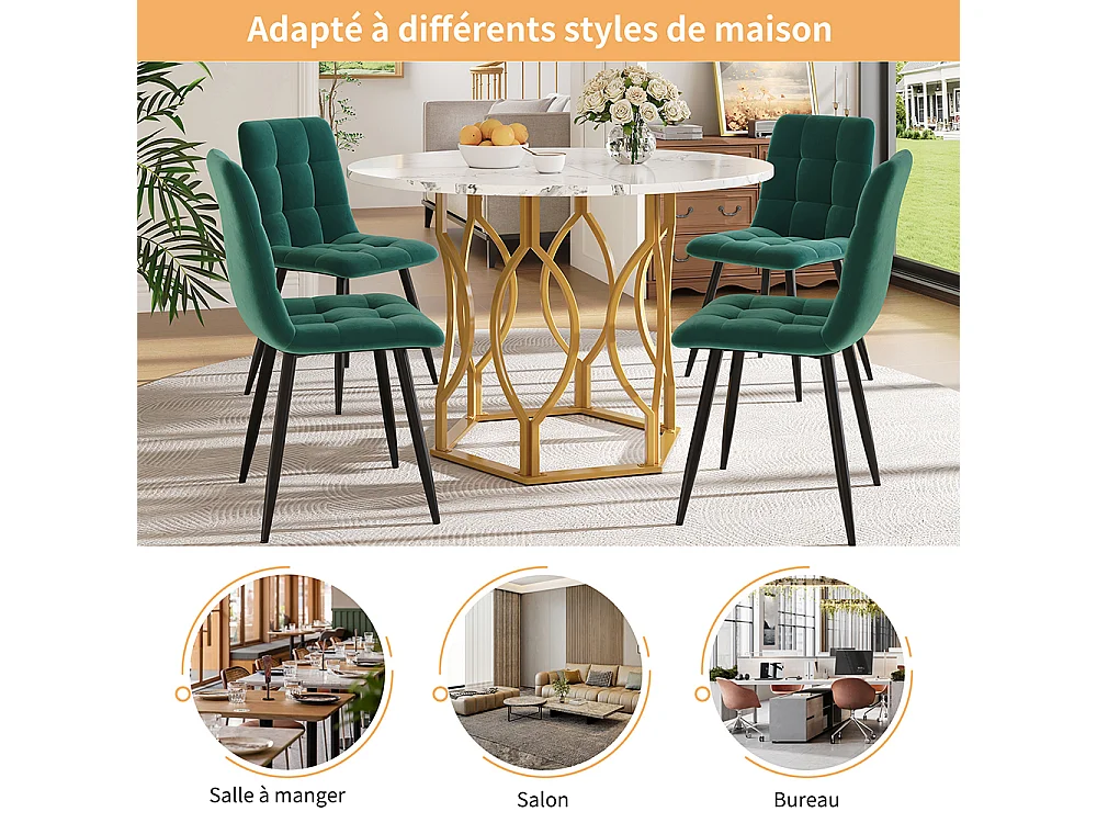 Ensemble table à manger 5 pièces 4 chaises table ronde 100cm pieds dorés plateau blanc chaises velours vert foncé