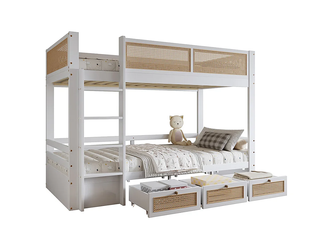 Lit superposé enfant 90x200 barrière rotin tressé trois tiroirs roulettes sommiers lattes robustes barrières sécurité pin MDF contreplaqué blanc et naturel