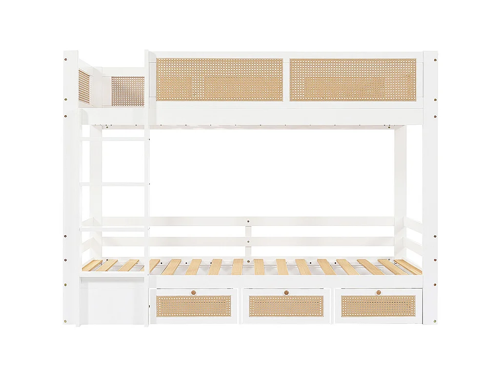 Lit superposé enfant 90x200 barrière rotin tressé trois tiroirs roulettes sommiers lattes robustes barrières sécurité pin MDF contreplaqué blanc et naturel