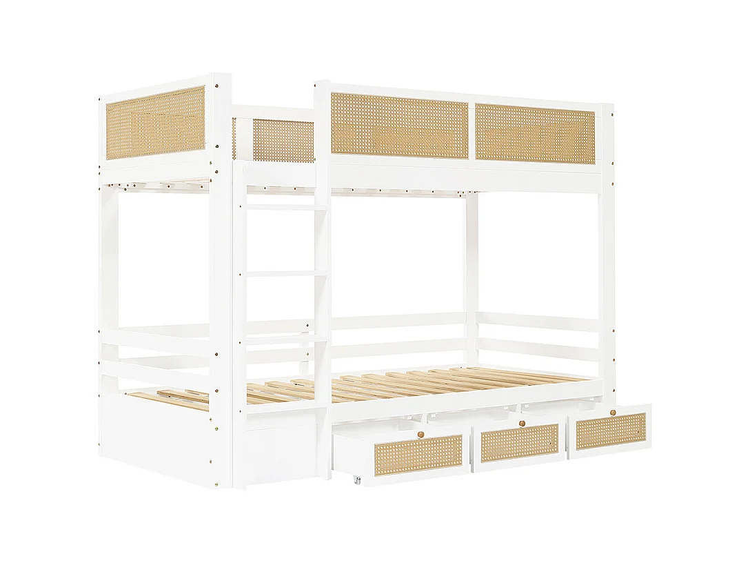Lit superposé enfant 90x200 barrière rotin tressé trois tiroirs roulettes sommiers lattes robustes barrières sécurité pin MDF contreplaqué blanc et naturel