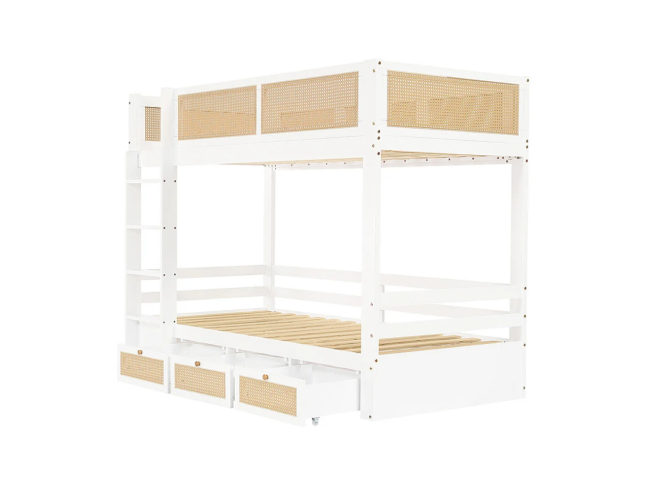 Lit superposé enfant 90x200 barrière rotin tressé trois tiroirs roulettes sommiers lattes robustes barrières sécurité pin MDF contreplaqué blanc et naturel