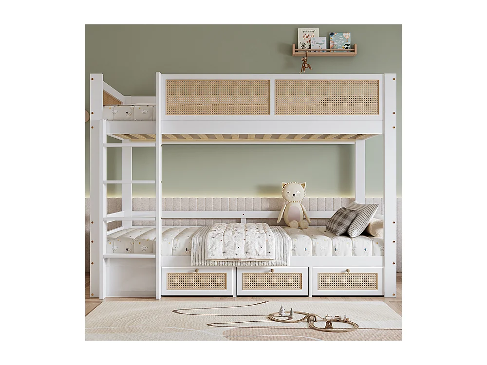 Lit superposé enfant 90x200 barrière rotin tressé trois tiroirs roulettes sommiers lattes robustes barrières sécurité pin MDF contreplaqué blanc et naturel