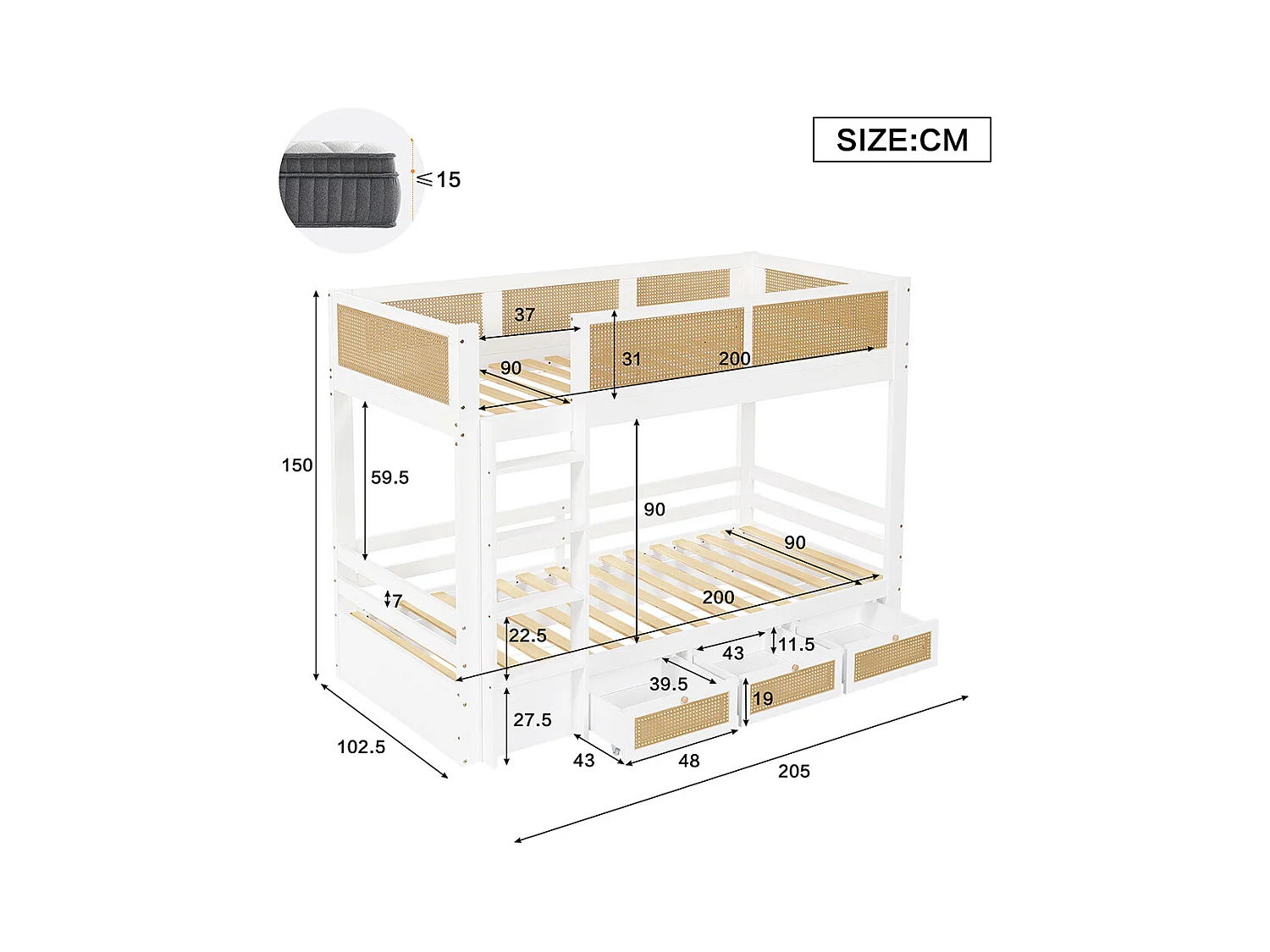 Lit superposé enfant 90x200 barrière rotin tressé trois tiroirs roulettes sommiers lattes robustes barrières sécurité pin MDF contreplaqué blanc et naturel