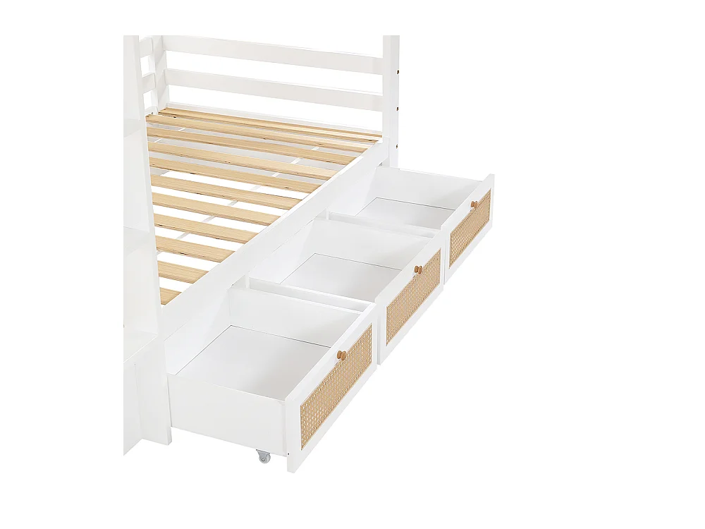 Lit superposé enfant 90x200 barrière rotin tressé trois tiroirs roulettes sommiers lattes robustes barrières sécurité pin MDF contreplaqué blanc et naturel
