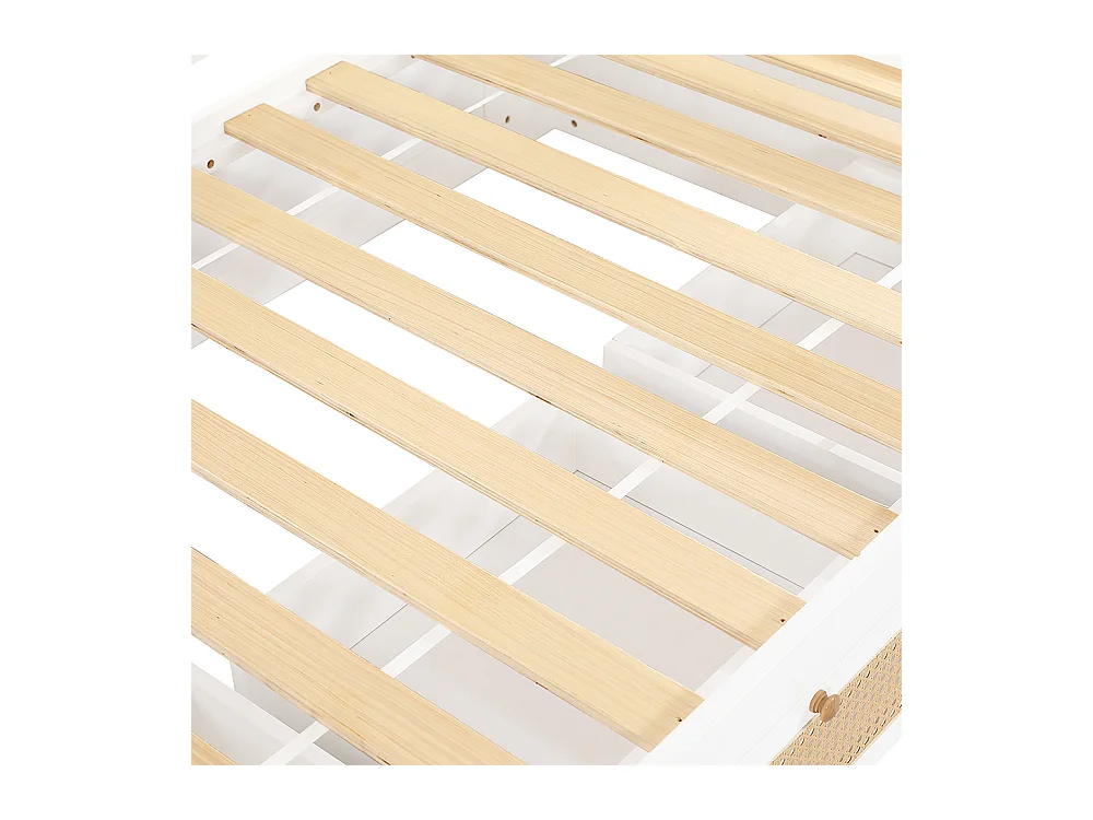 Lit superposé enfant 90x200 barrière rotin tressé trois tiroirs roulettes sommiers lattes robustes barrières sécurité pin MDF contreplaqué blanc et naturel